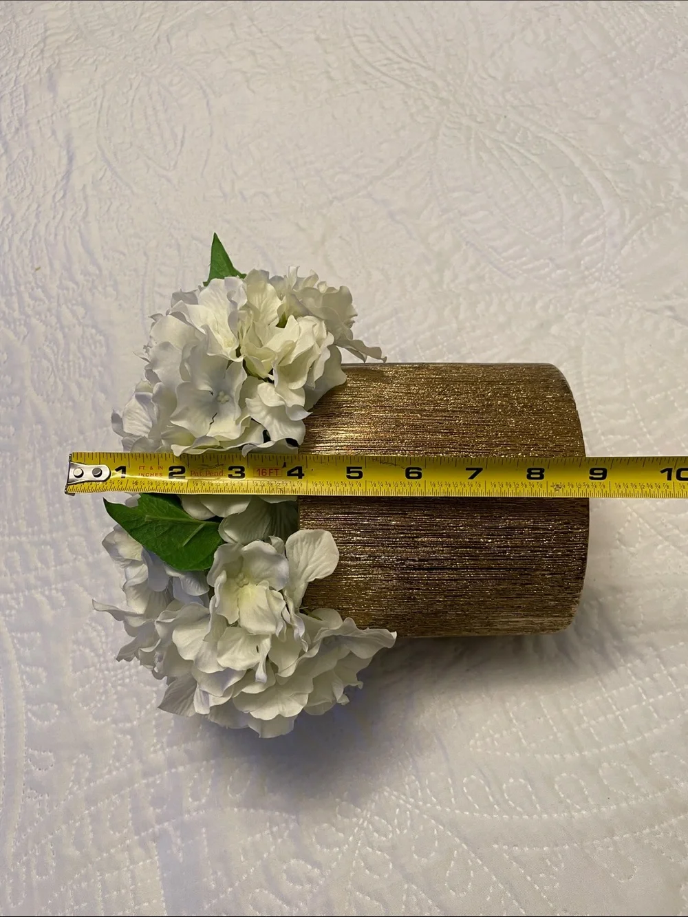 Elegant Faux Artificial White Hydrangeas Arrangement with Gold Color Pot Vase